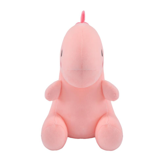 Alwoligag plush dinosaur full-body view, bright pink color and friendly design.