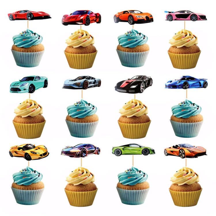 AMABAZR racing car cupcake toppers for vibrant birthday desserts and party decor
