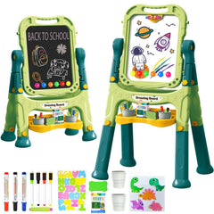 Amagoing easel with adjustable height supports growing toddlers in art activities.