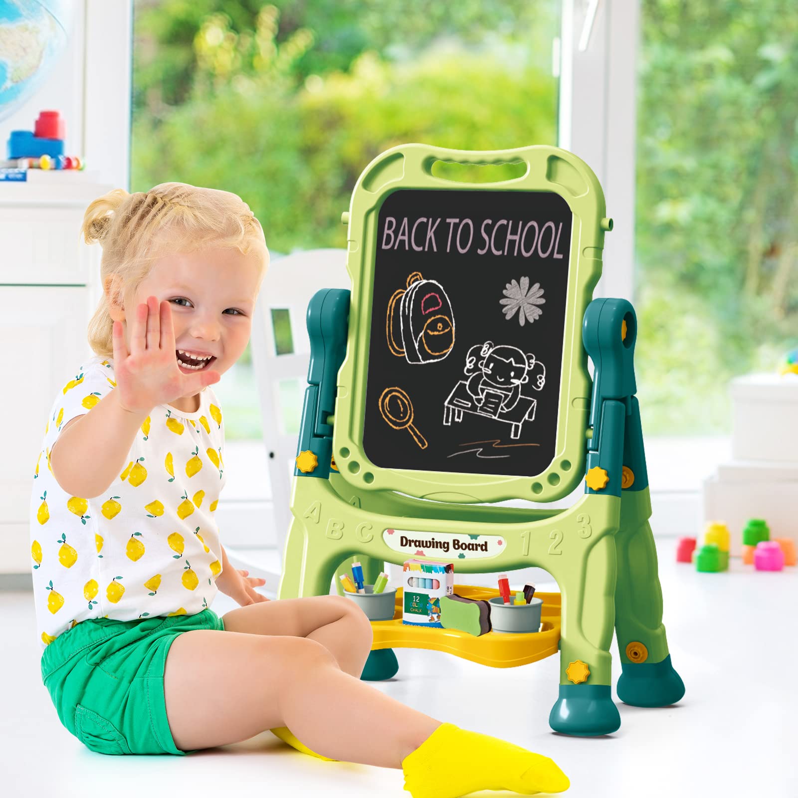 Amagoing easel chalkboard and whiteboard offer versatile learning surfaces.