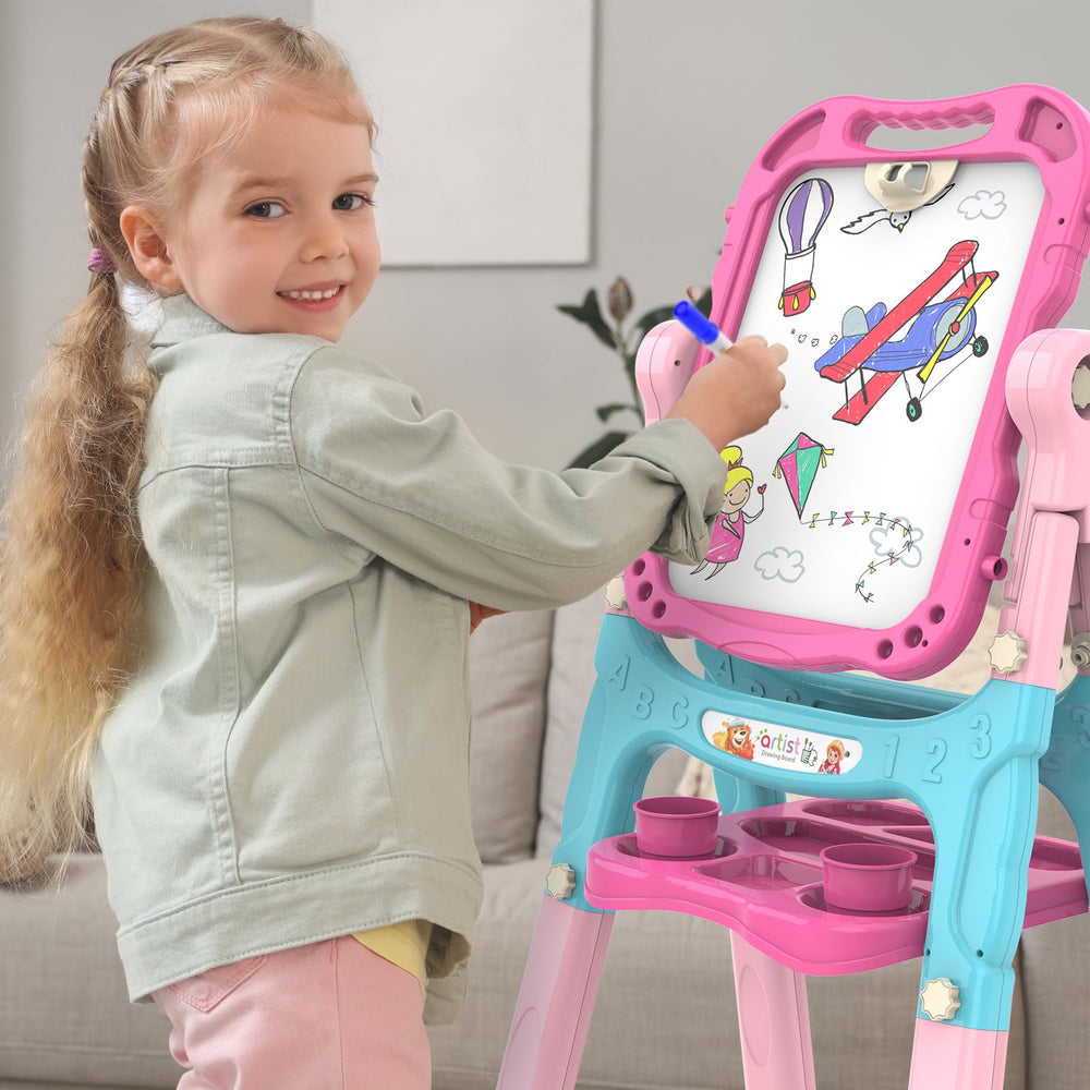 Amagoing Easel includes magnetic dry-erase and chalk features for quick setup.