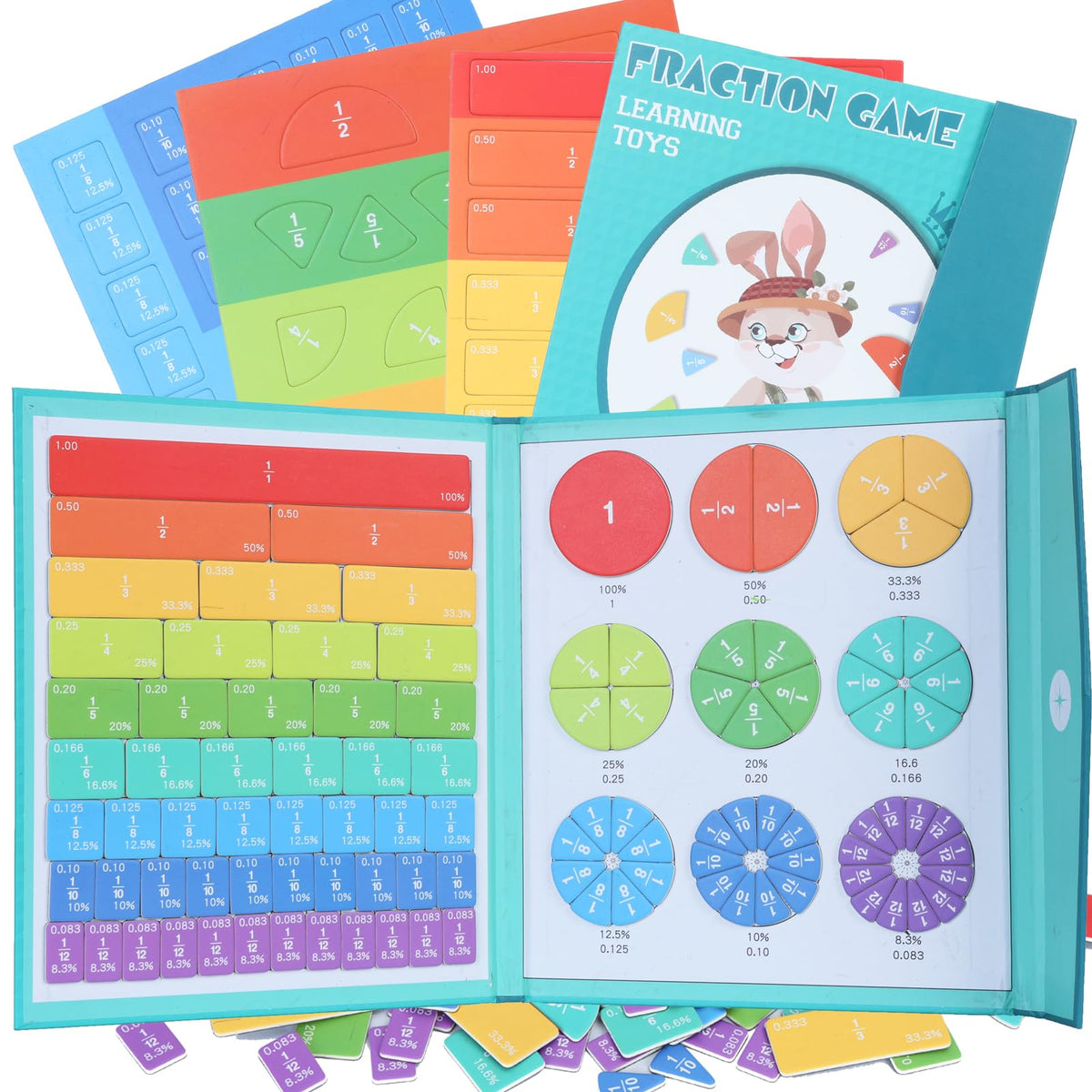 AMAMIA Montessori magnetic book fraction puzzle on a whiteboard, engaging hands-on learning.