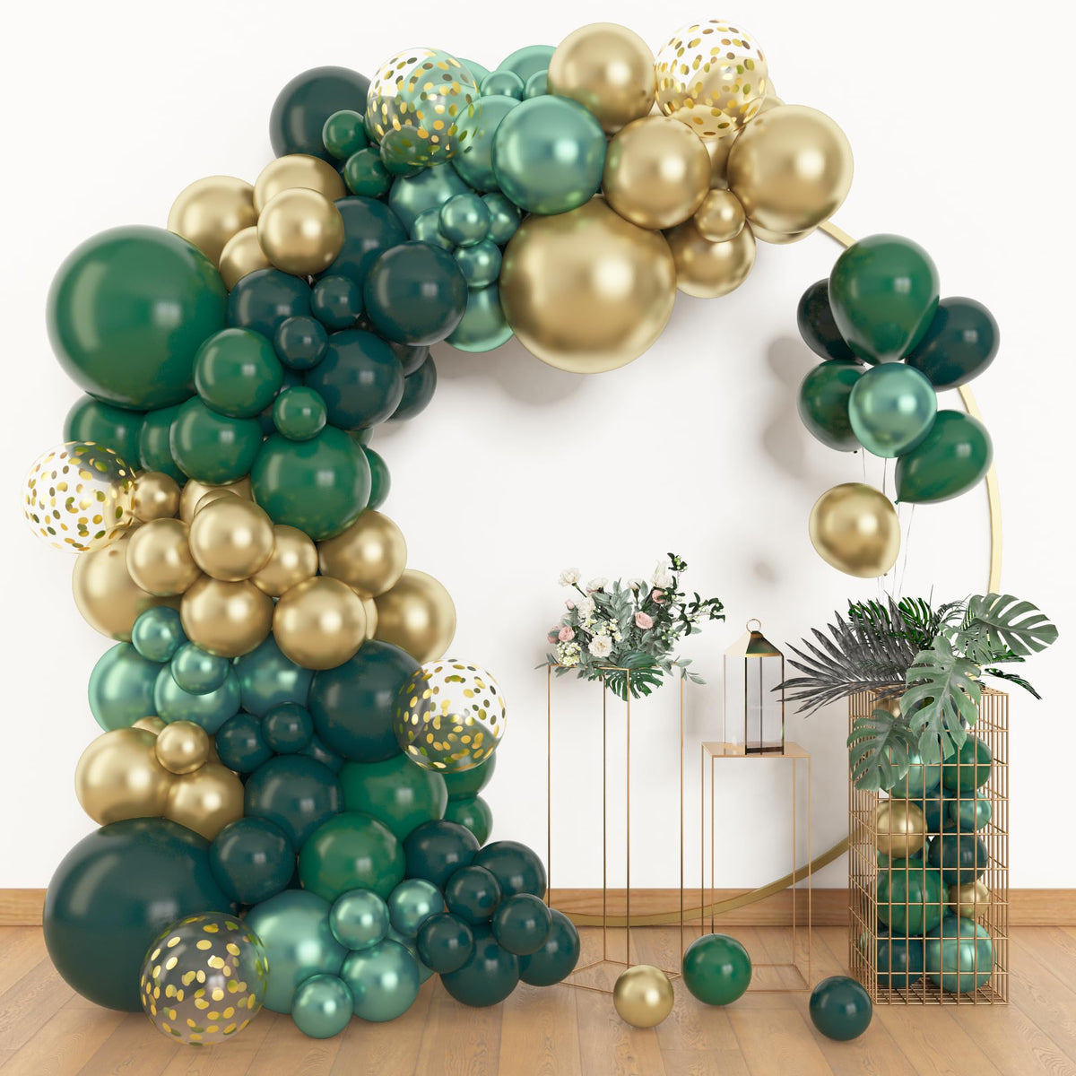 Amandir 153pcs green and gold balloon arch kit ready to wow guests.