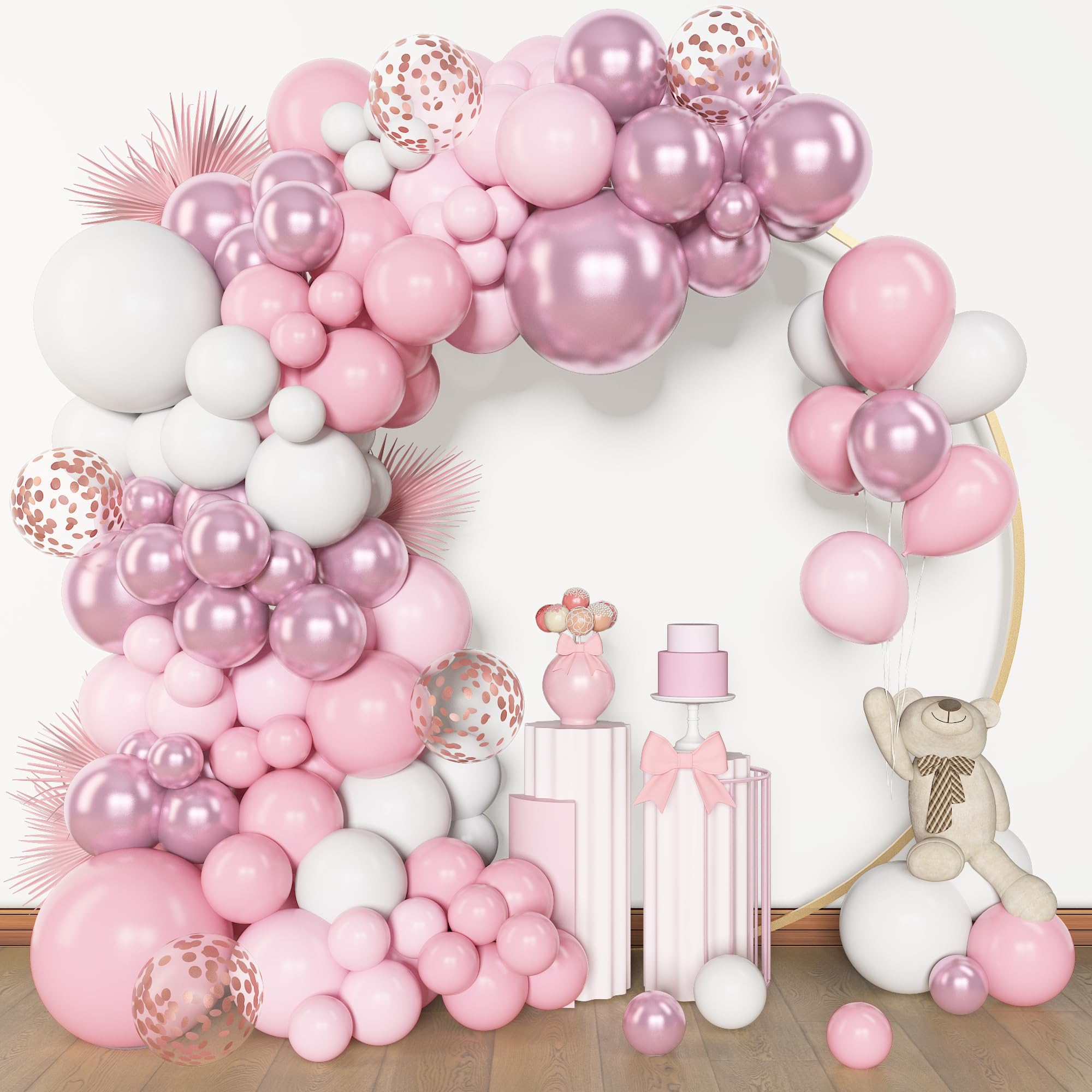 Amandir pink and white arch backdrop with 18-inch balloons for celebrations