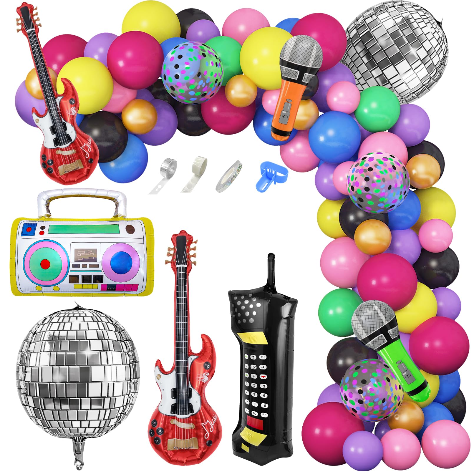 Amandir balloon garland with boom box centerpiece for retro photo backdrop