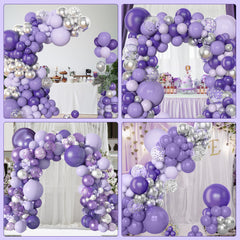 Amandir purple garland backdrop idea enhances birthday or wedding photos.