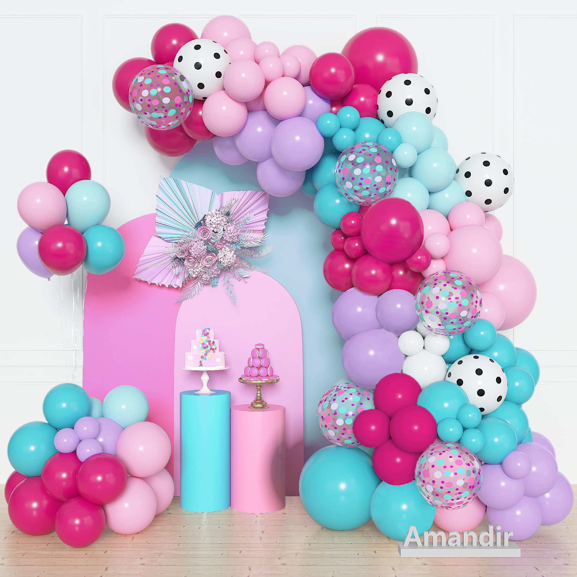 Amandir balloon arch kit ready to create a vibrant party backdrop with hot pink and teal balloons.