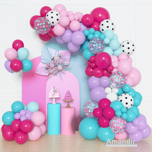 Amandir balloon arch kit ready to create a vibrant party backdrop with hot pink and teal balloons.