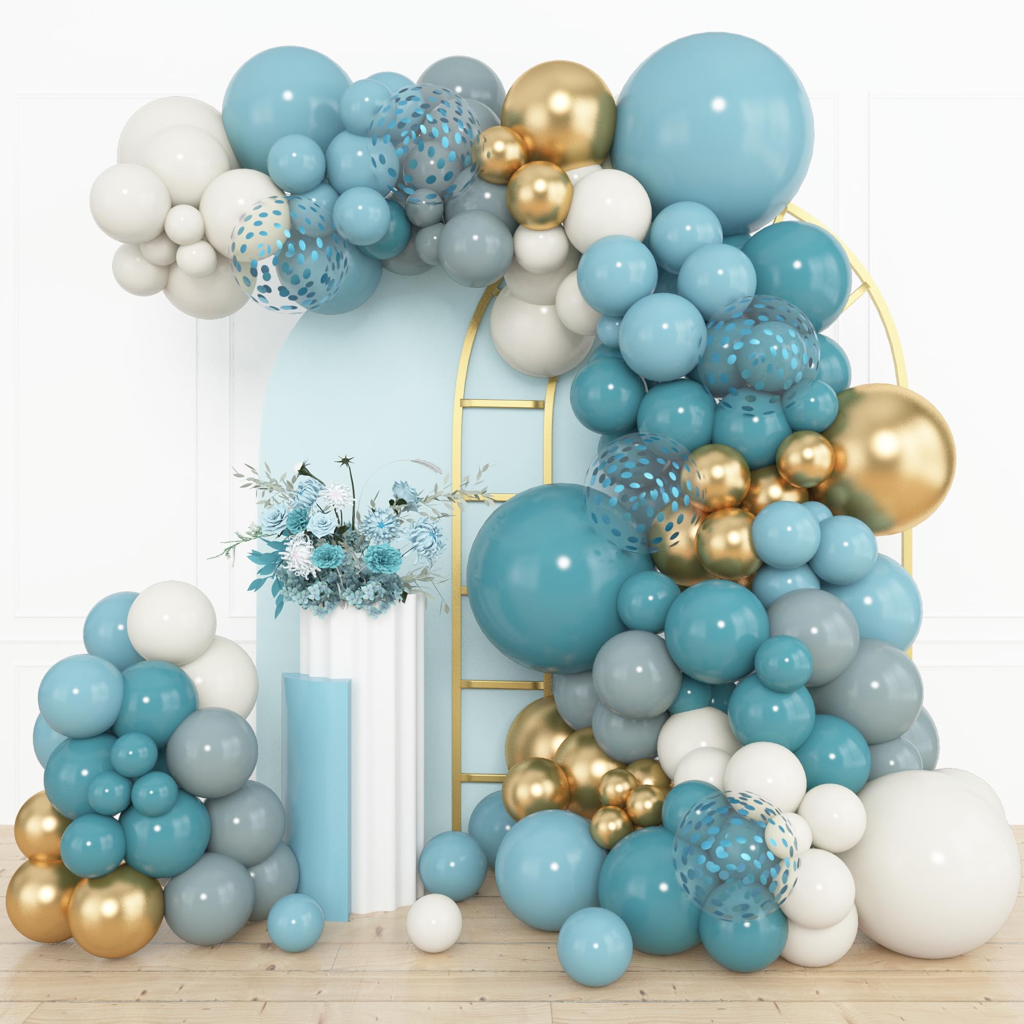 Amandir 12-inch dusty blue balloons add balanced color to arches.