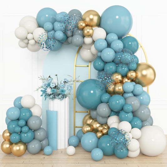 Amandir 12-inch dusty blue balloons add balanced color to arches.