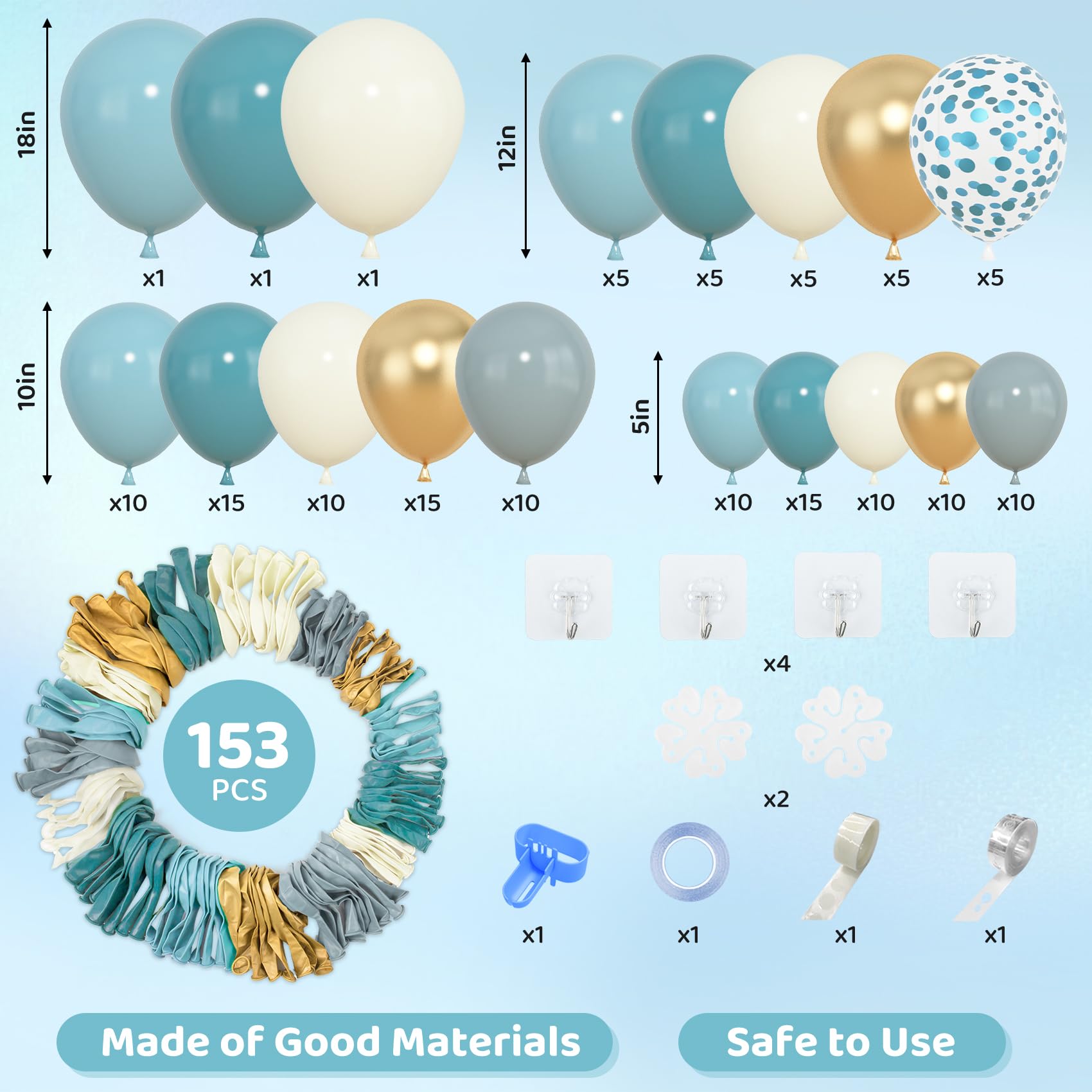 Amandir 5-inch dusty blue balloons with metallic confetti for detail.