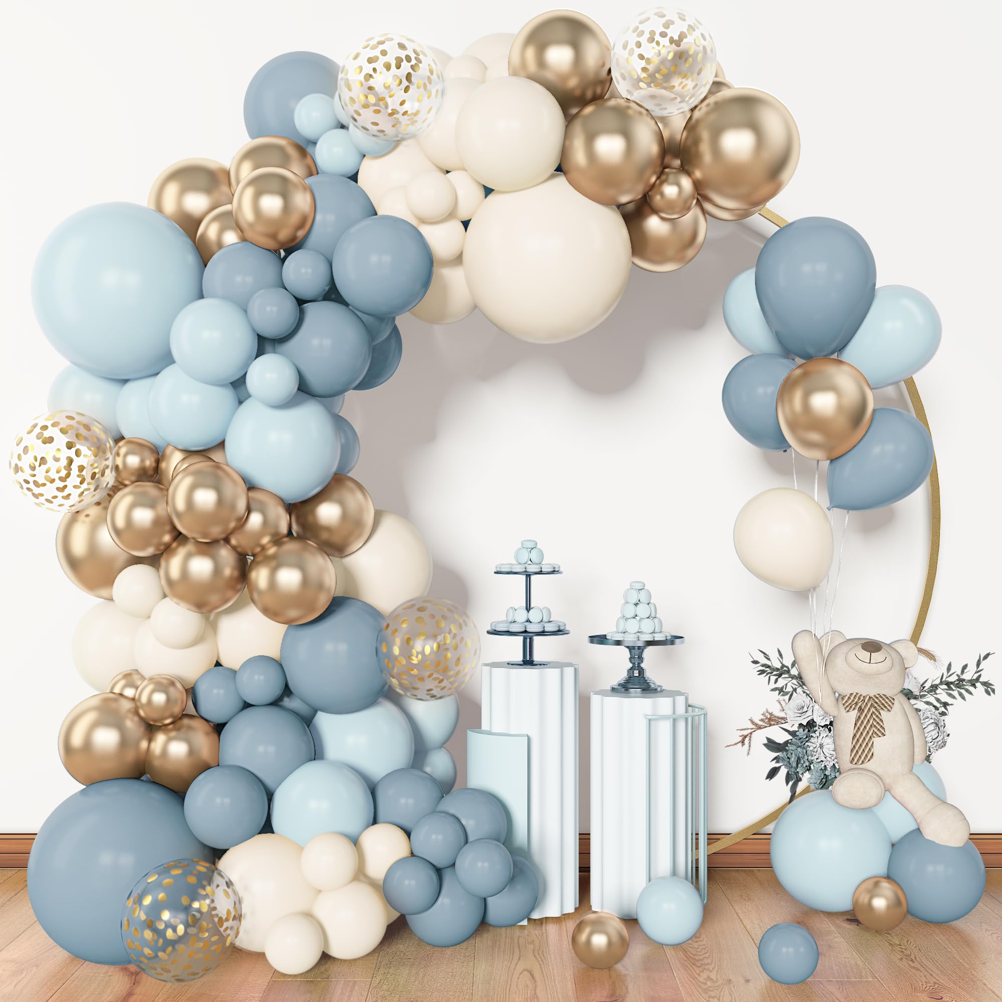 Amandir dusty blue balloon arch kit creates an elegant backdrop for parties.