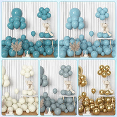 Amandir dusty blue with gold confetti balloons enhance ocean or baby shower themes.