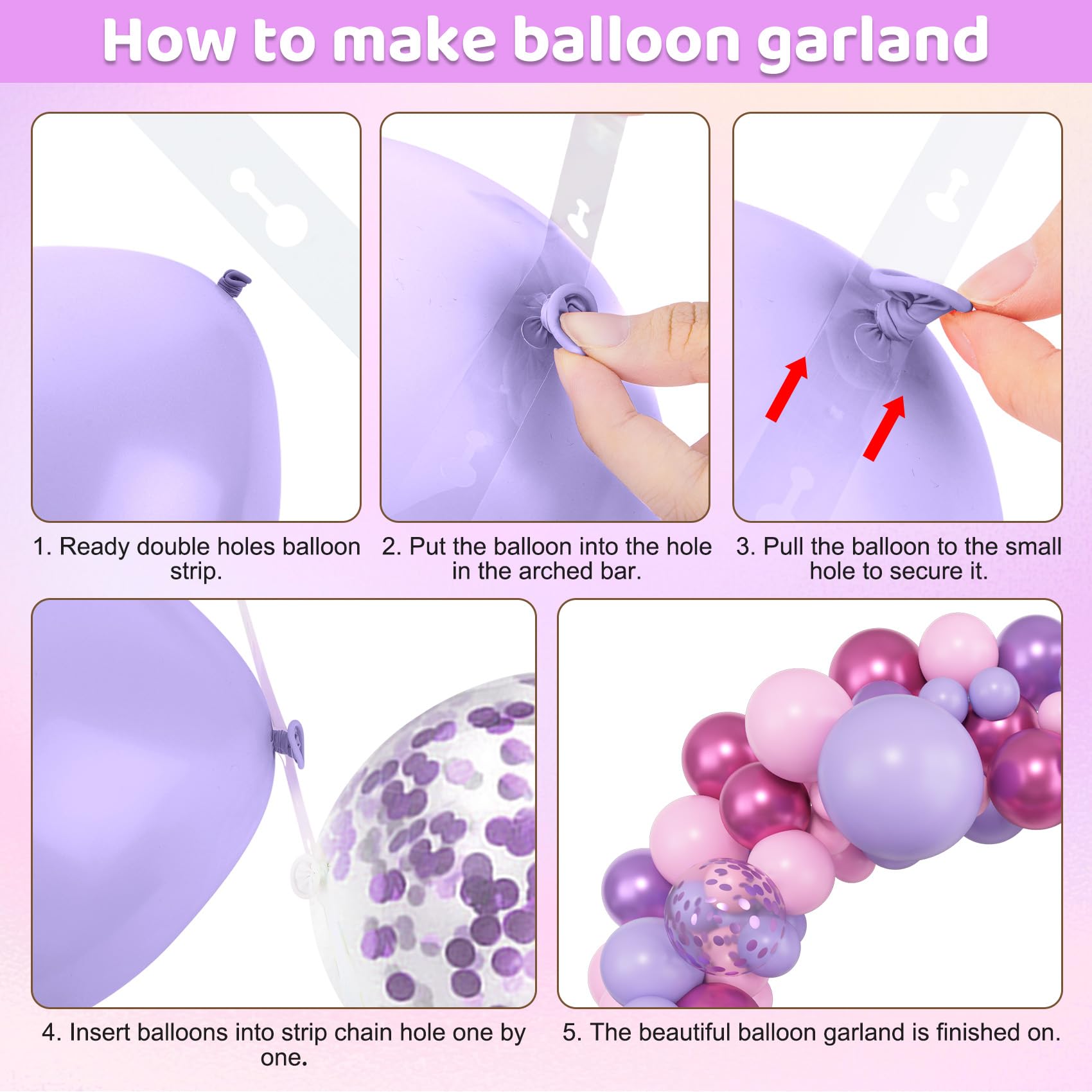 Amandir 10-inch pink and purple balloons creating balanced garland pops