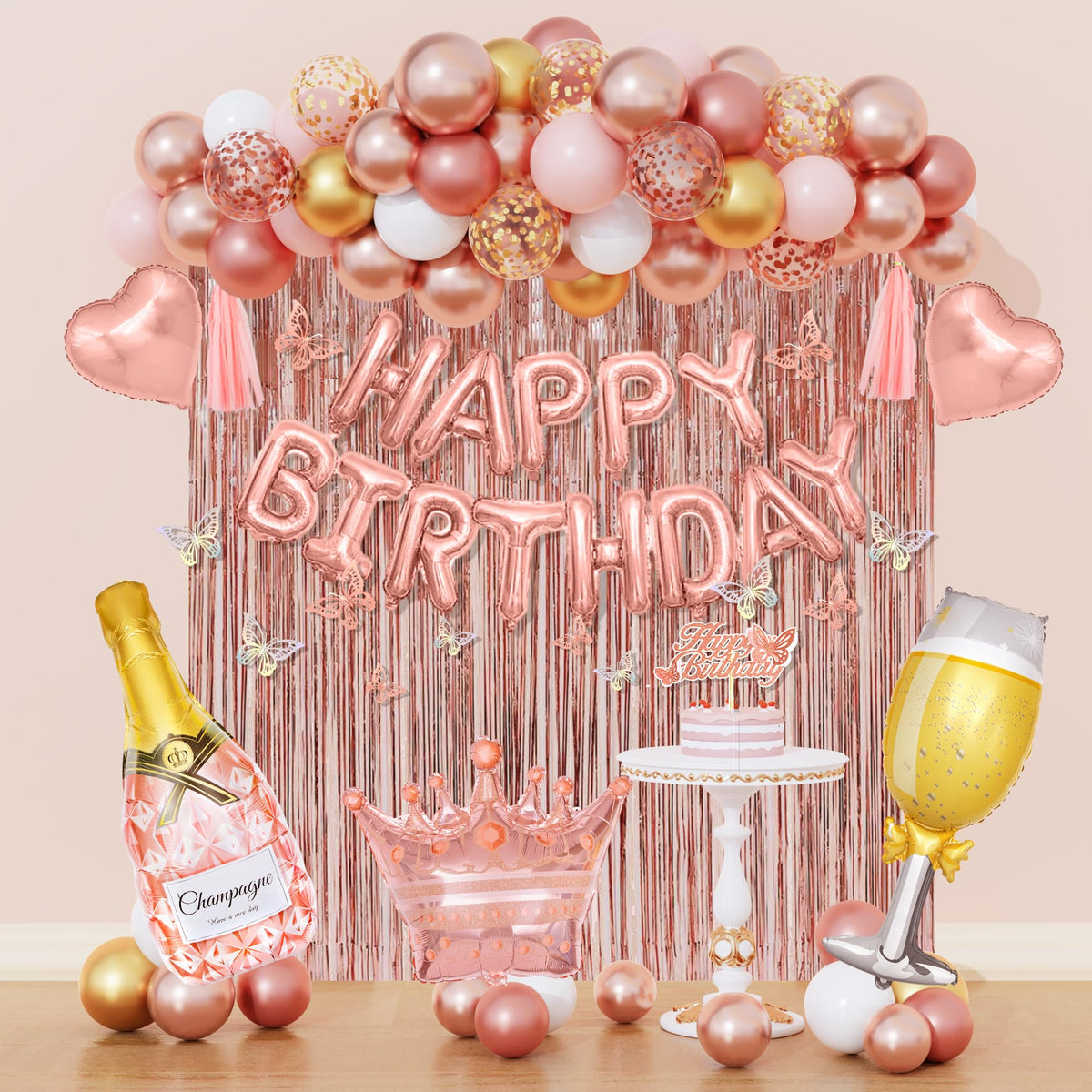 Amandir rose gold balloons create a chic birthday backdrop for photos