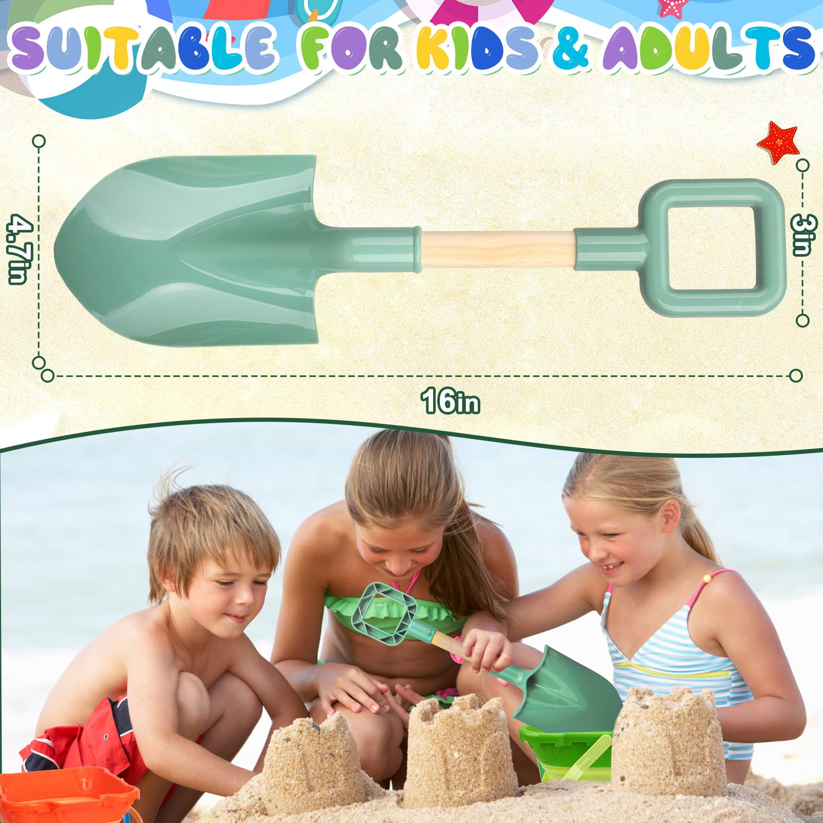 Amarlozn two-pack avocado-green shovels for outdoor fun and sandcastle building.
