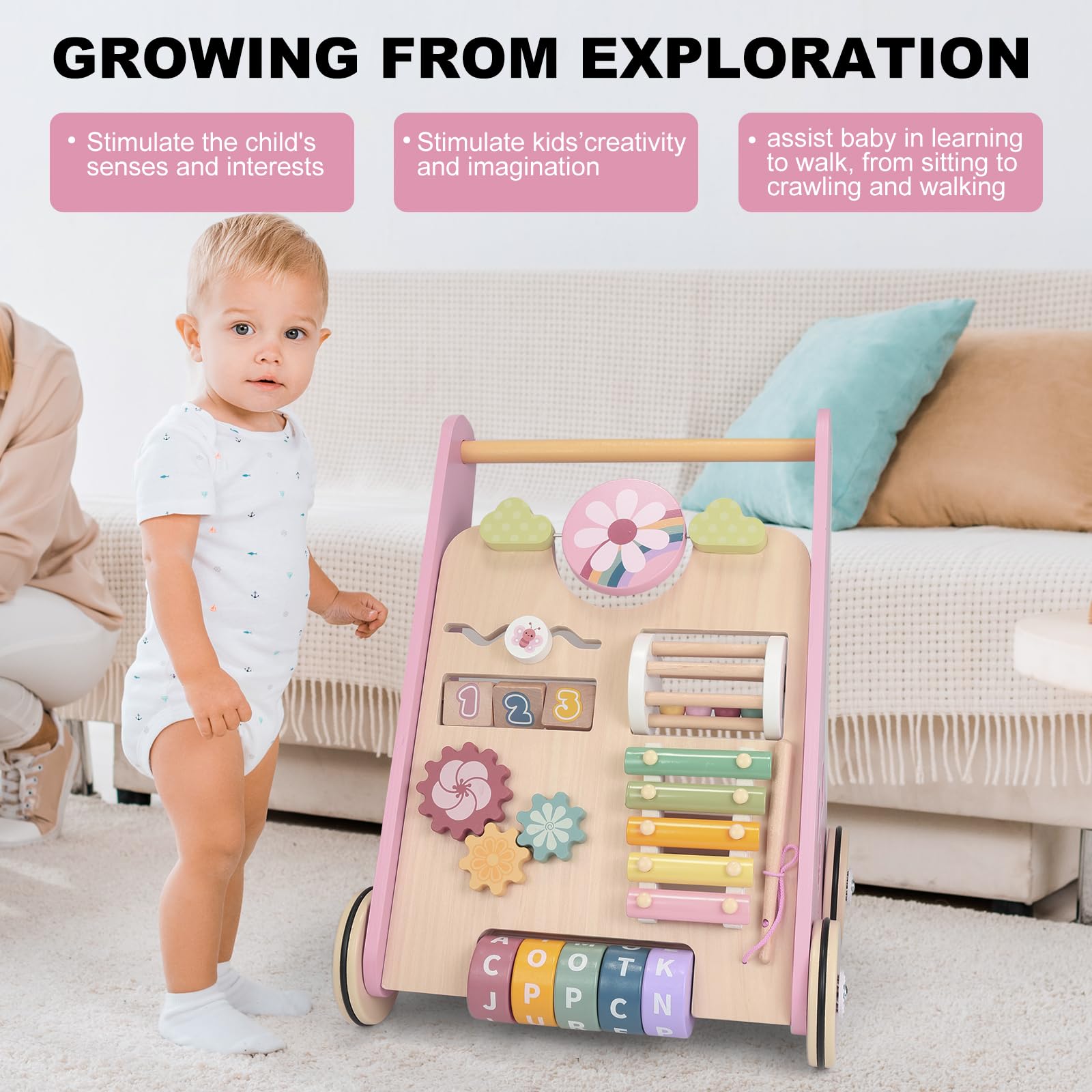 AmazingJoy multi-sensory-activity-walker boosts coordination with puzzles and gears.
