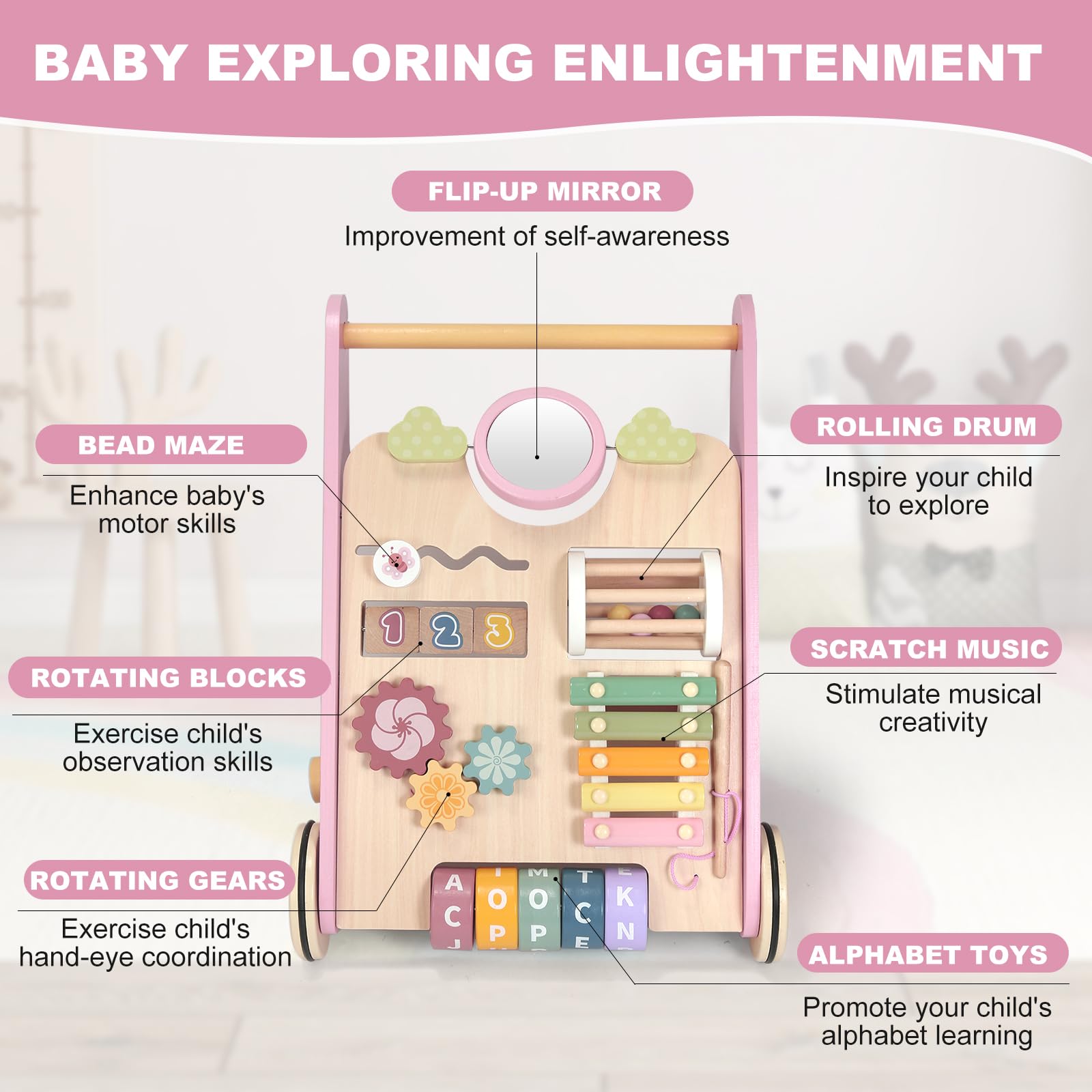 AmazingJoy wooden-activity-center engages baby with color and interactive features.