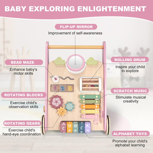 AmazingJoy wooden-activity-center engages baby with color and interactive features.