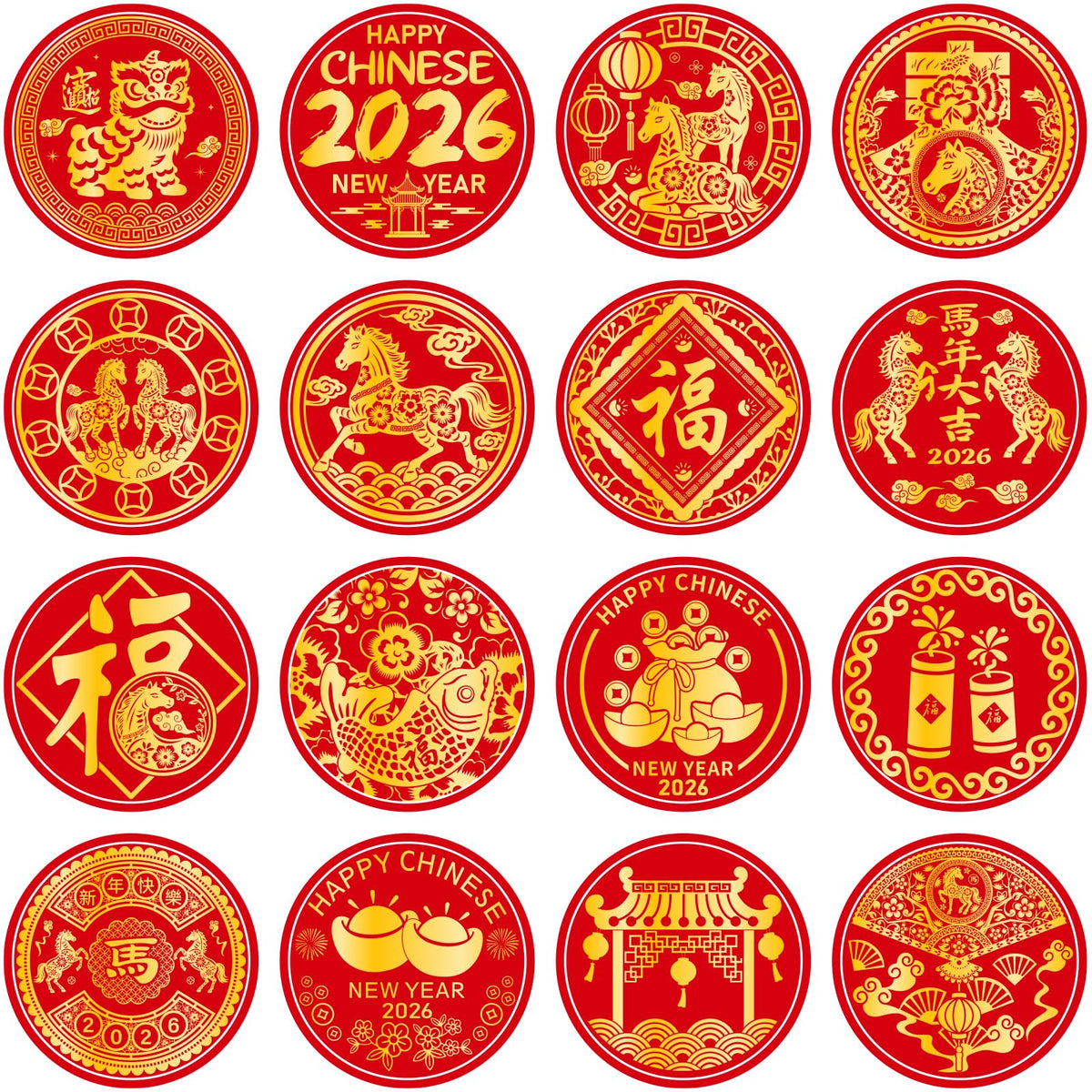 AMCEMIC Year of the Horse round stickers for candy seals and gifting.