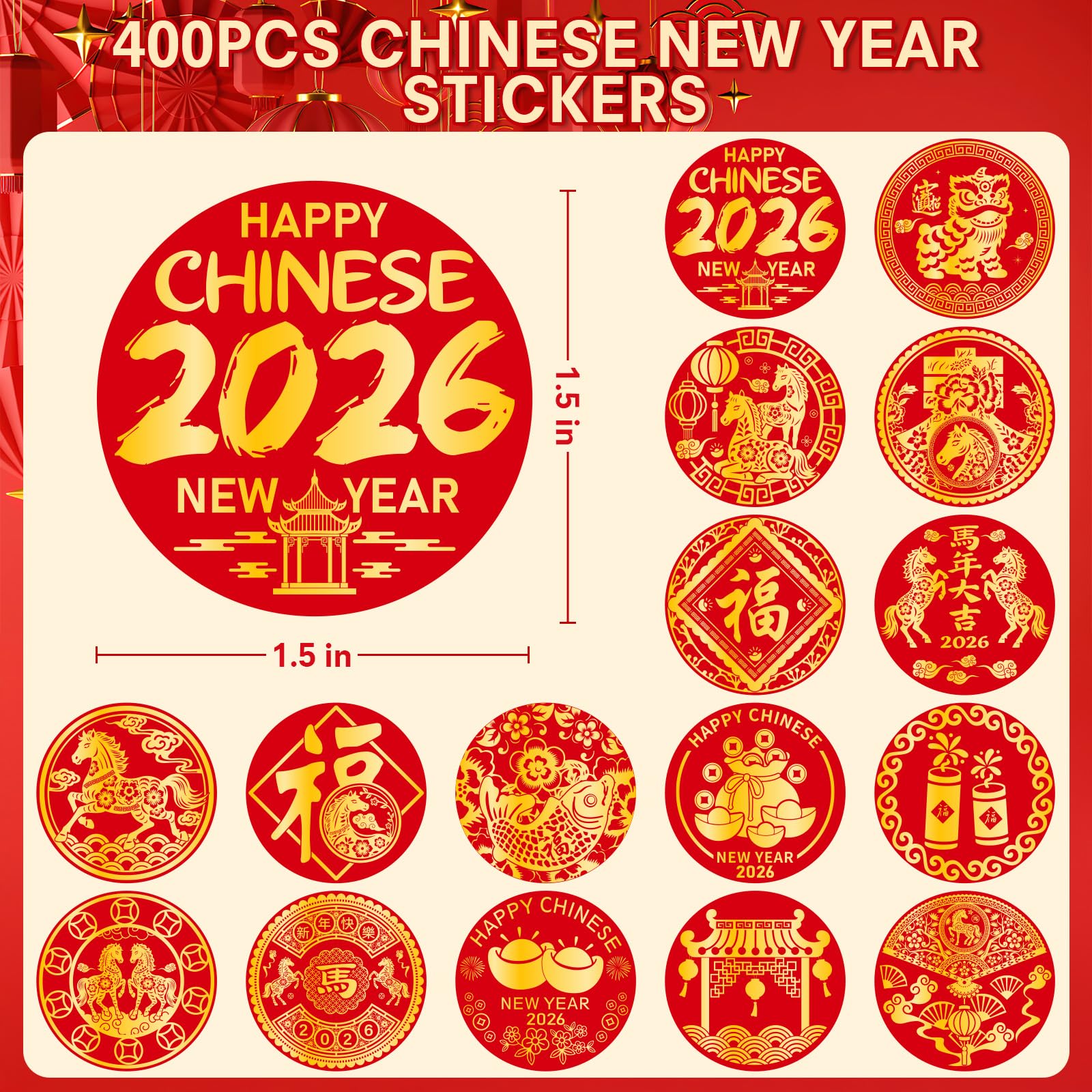 AMCEMIC Year of the Horse stickers in red and gold.