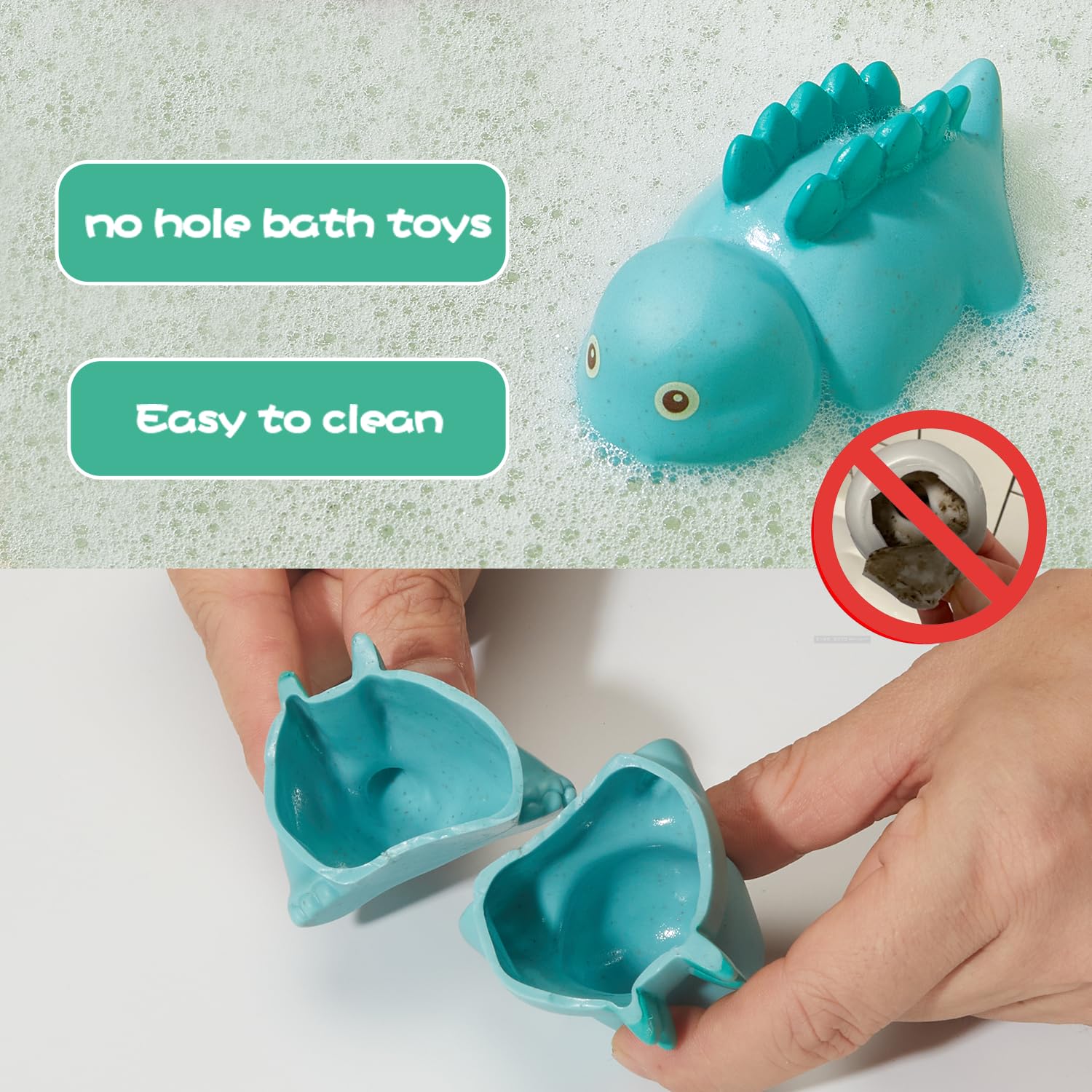 AMCHSURI dinosaur toy baby hand grip shows easy hold during bath time.