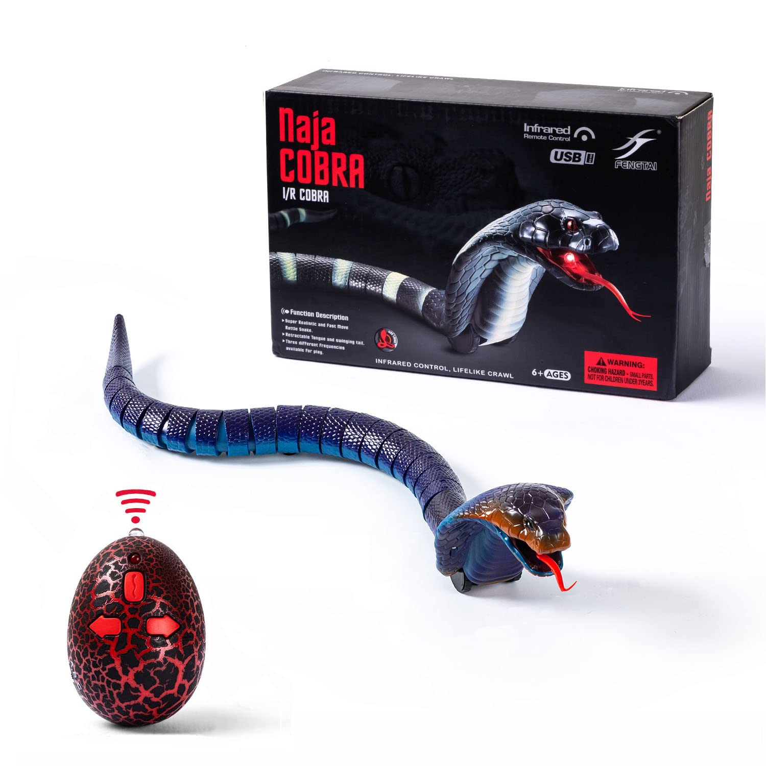 AMCHSURI realistic blue cobra RC snake with textured skin for interactive play at home.