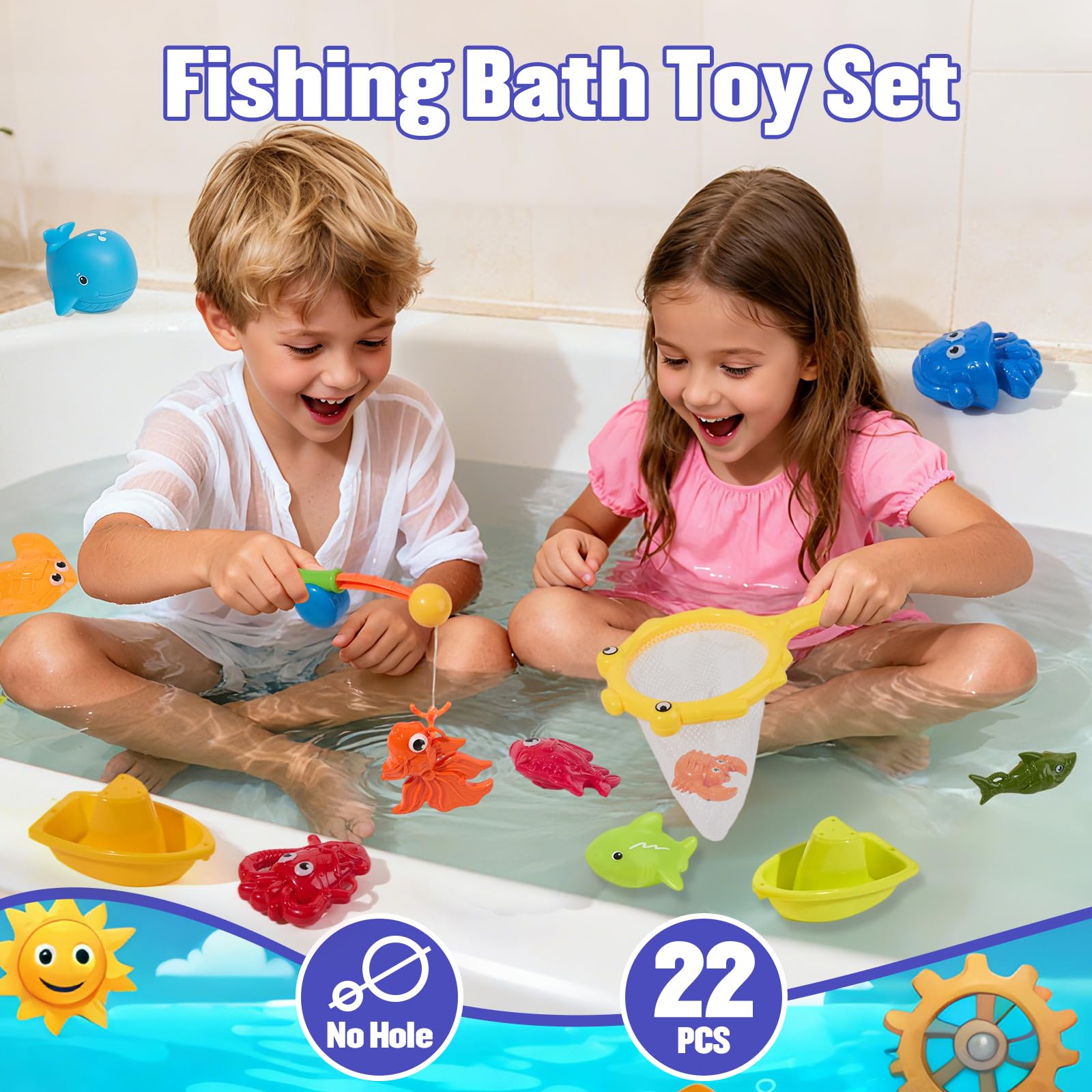 AMCHSURI toddler fishing poles enable easy casting and cooperative fun during bath time.