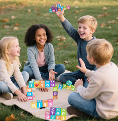 amdohai blocks play scene with kids building words and simple equations for creativity