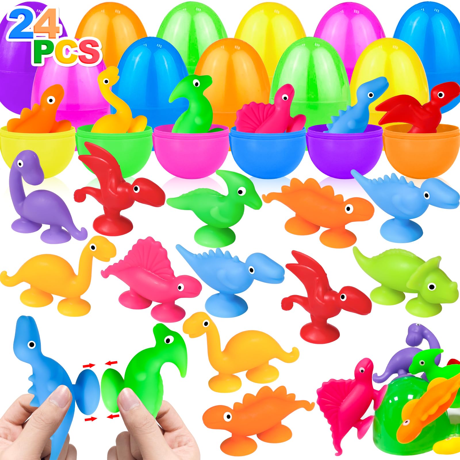 AMENON 24 pack prefilled Easter eggs with dinosaur toys for party fun