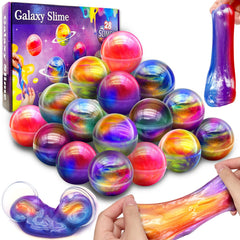 AMENON 28-pack galaxy slime balls in a colorful gift box for Valentines and classroom rewards.