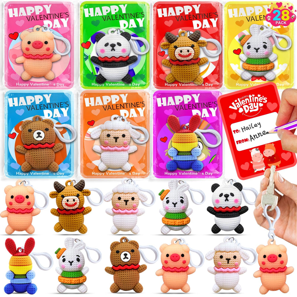 AMENON 28-pack rabbit keychain with valentines card, ideal classroom gift and exchange.