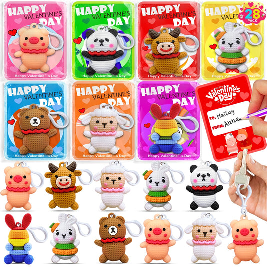 AMENON 28-pack rabbit keychain with valentines card, ideal classroom gift and exchange.