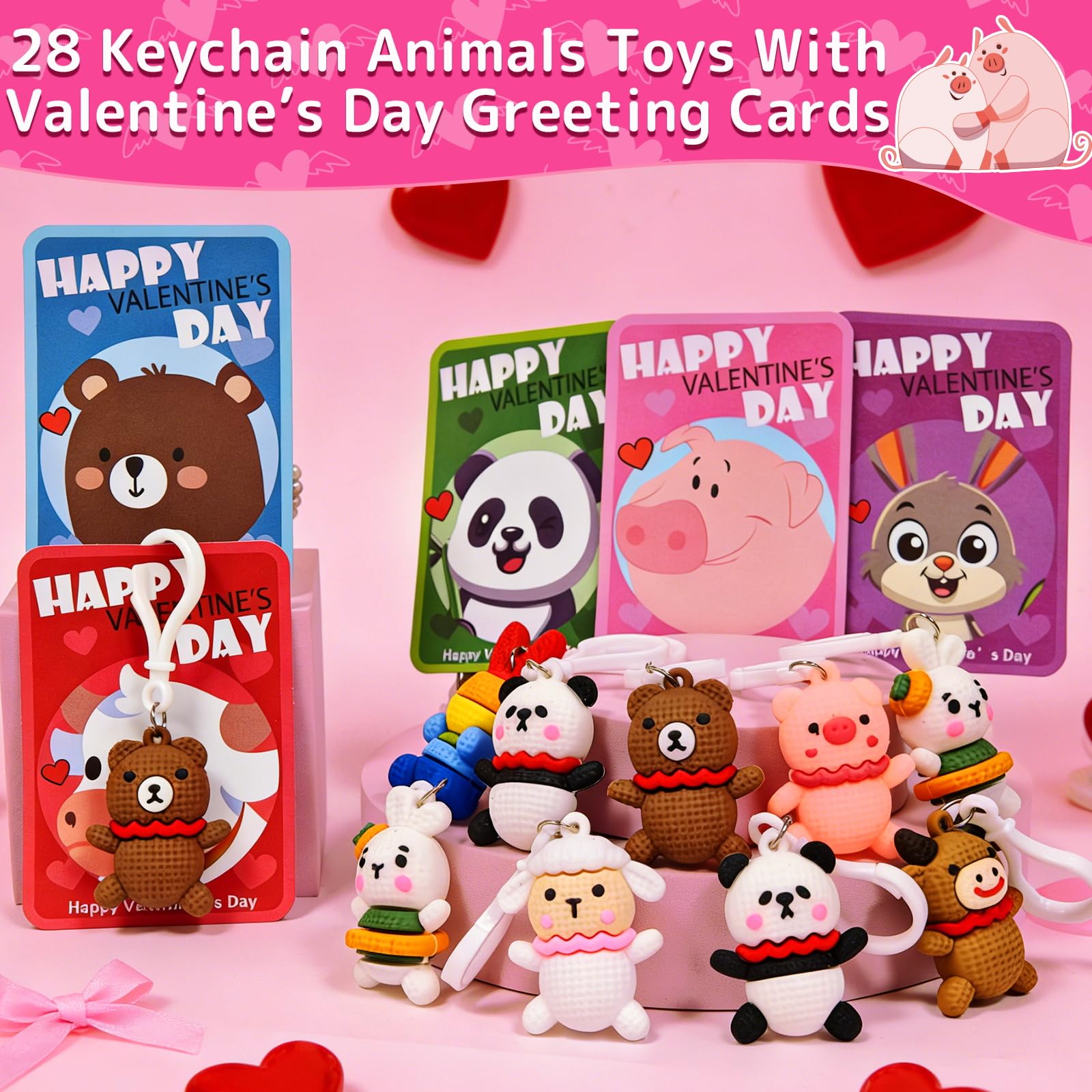 AMENON 28-pack panda keychain with valentines card, playful keepsake for classroom exchanges.