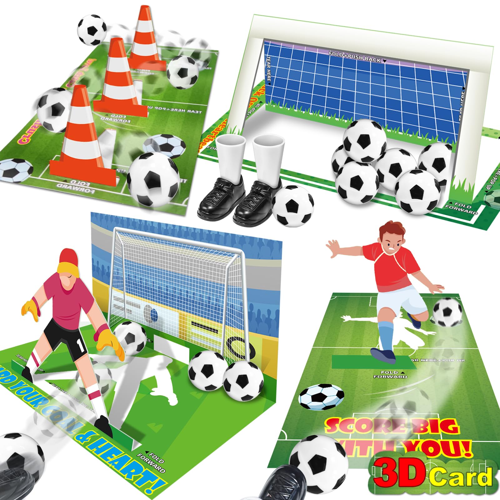 AMENON 3D goal card pop-up showing kid-friendly foldable soccer goal for classroom play.