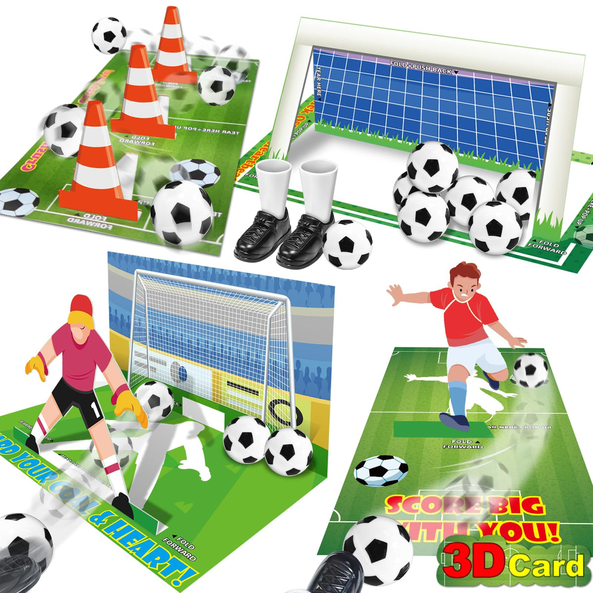 AMENON 3D goal card pop-up showing kid-friendly foldable soccer goal for classroom play.