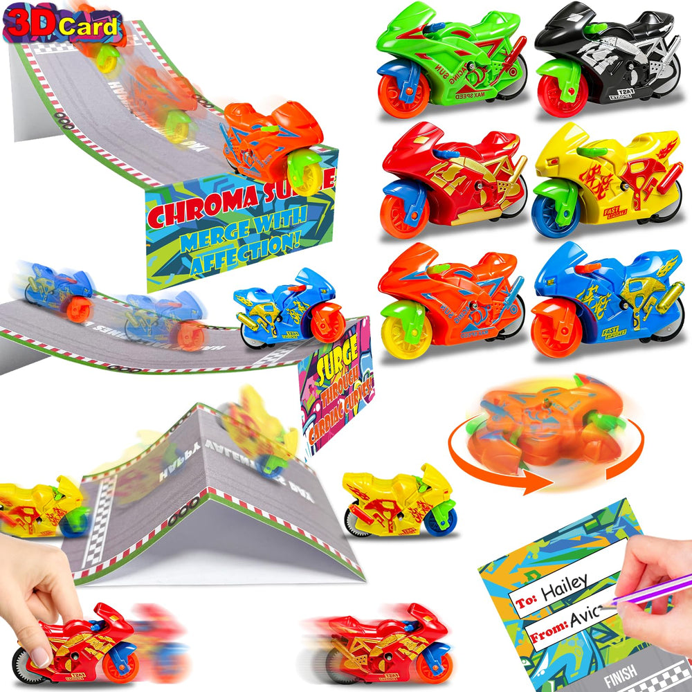 AMENON 3D Race Card pack with colorful motorbikes for classroom rewards.