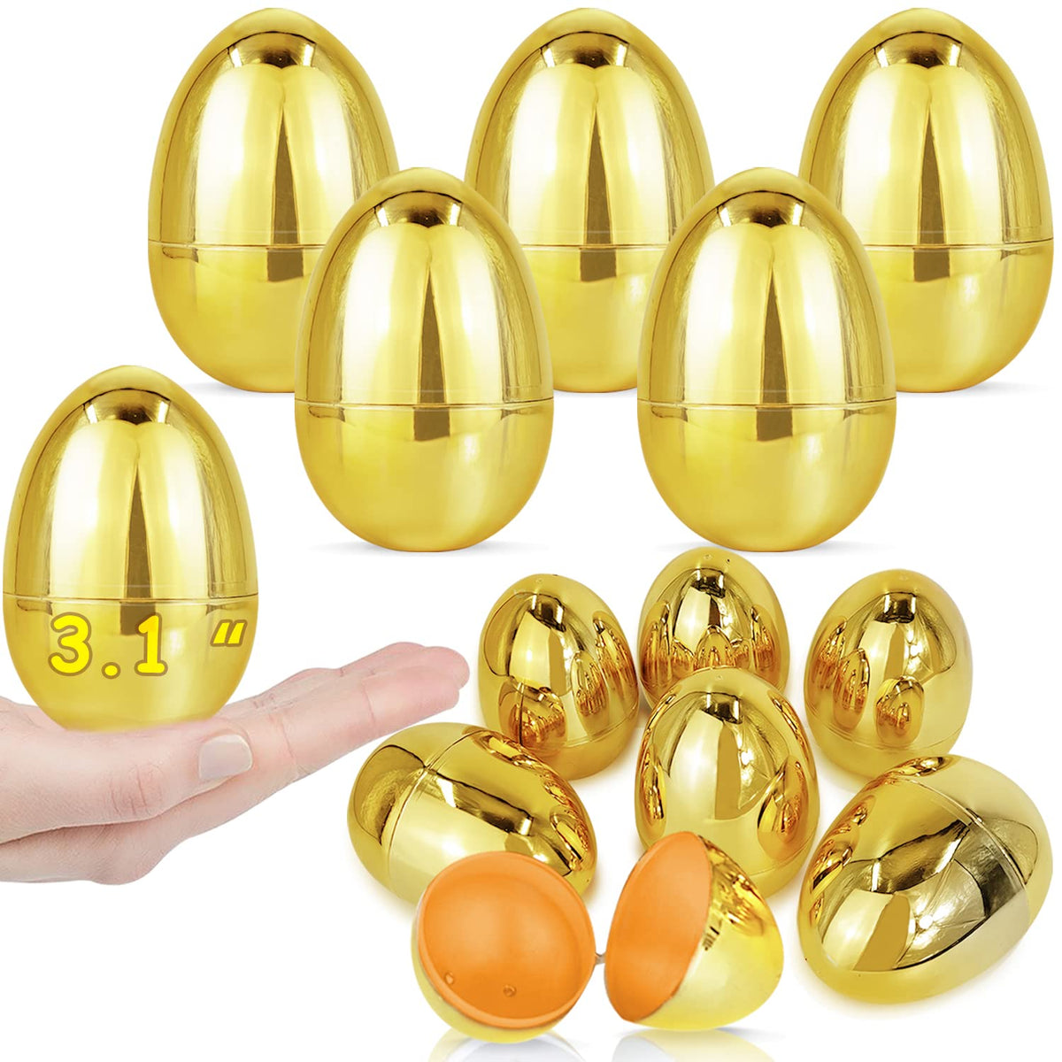 AMENON 50-pack 3.1-inch golden Easter eggs ready to hold candy and small prizes