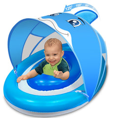 AMENON baby pool float with canopy featuring a dolphin design for safe sun play.