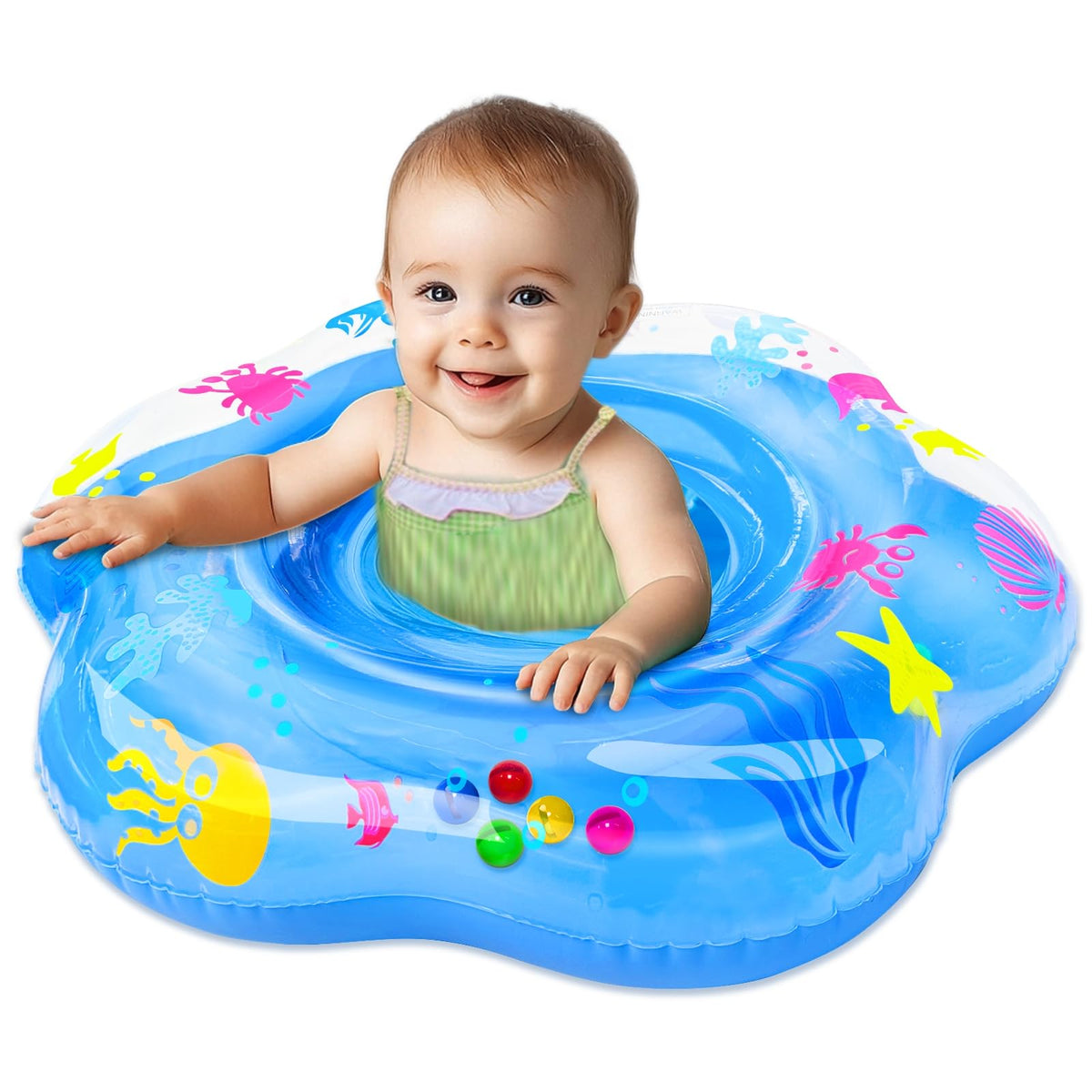 AMENON blue ocean theme baby float with friendly sea creatures for safer water play.