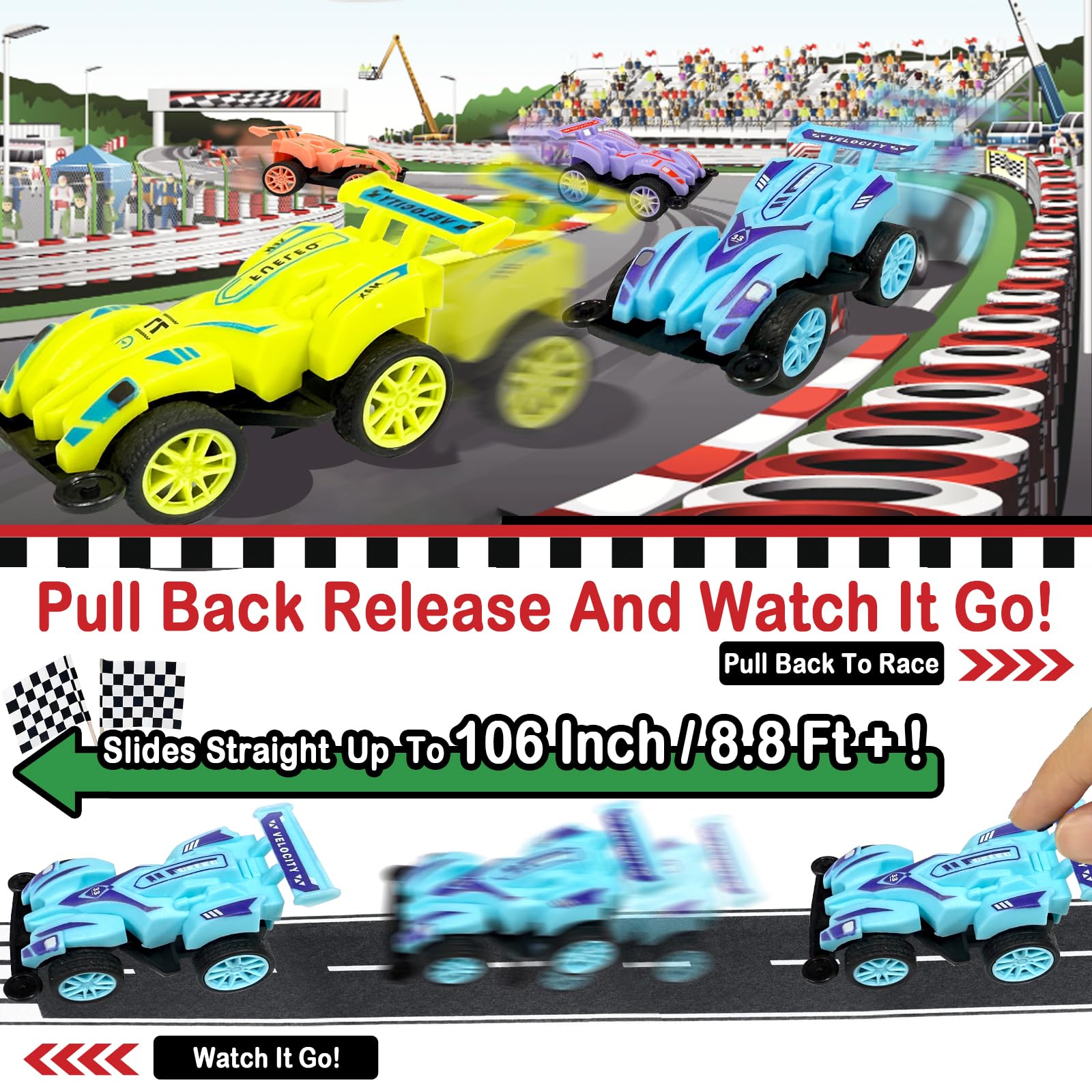 AMENON bright colored pull-back cars in pink, purple, blue, yellow