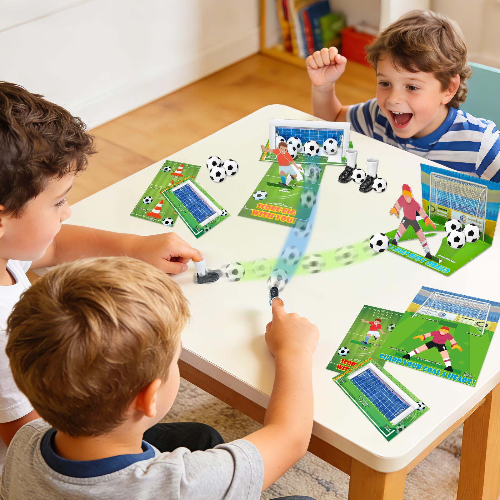 AMENON folding instructions guide card into a 3D soccer goal.