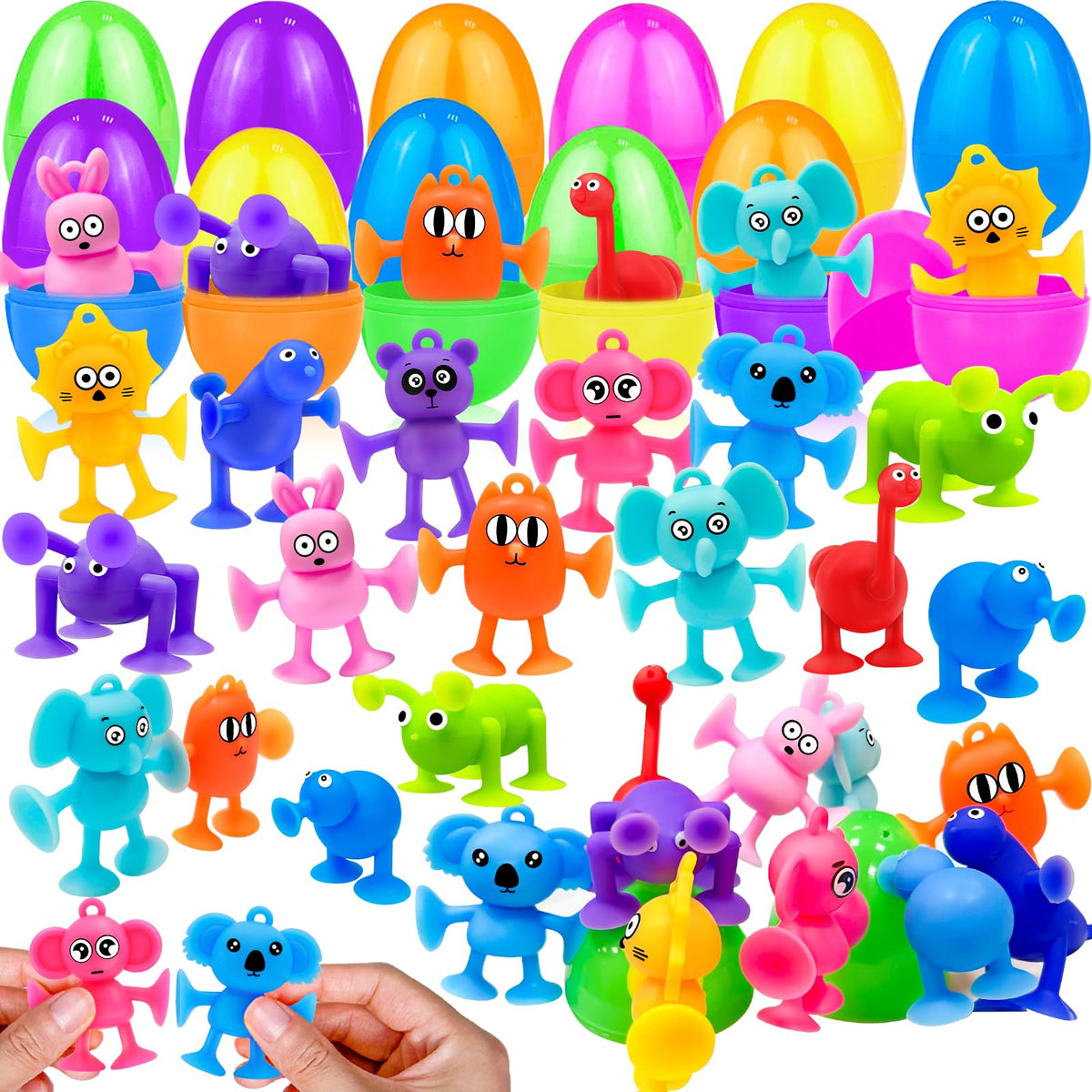 AMENON 24-pack Easter eggs with animal suction cups for egg hunts