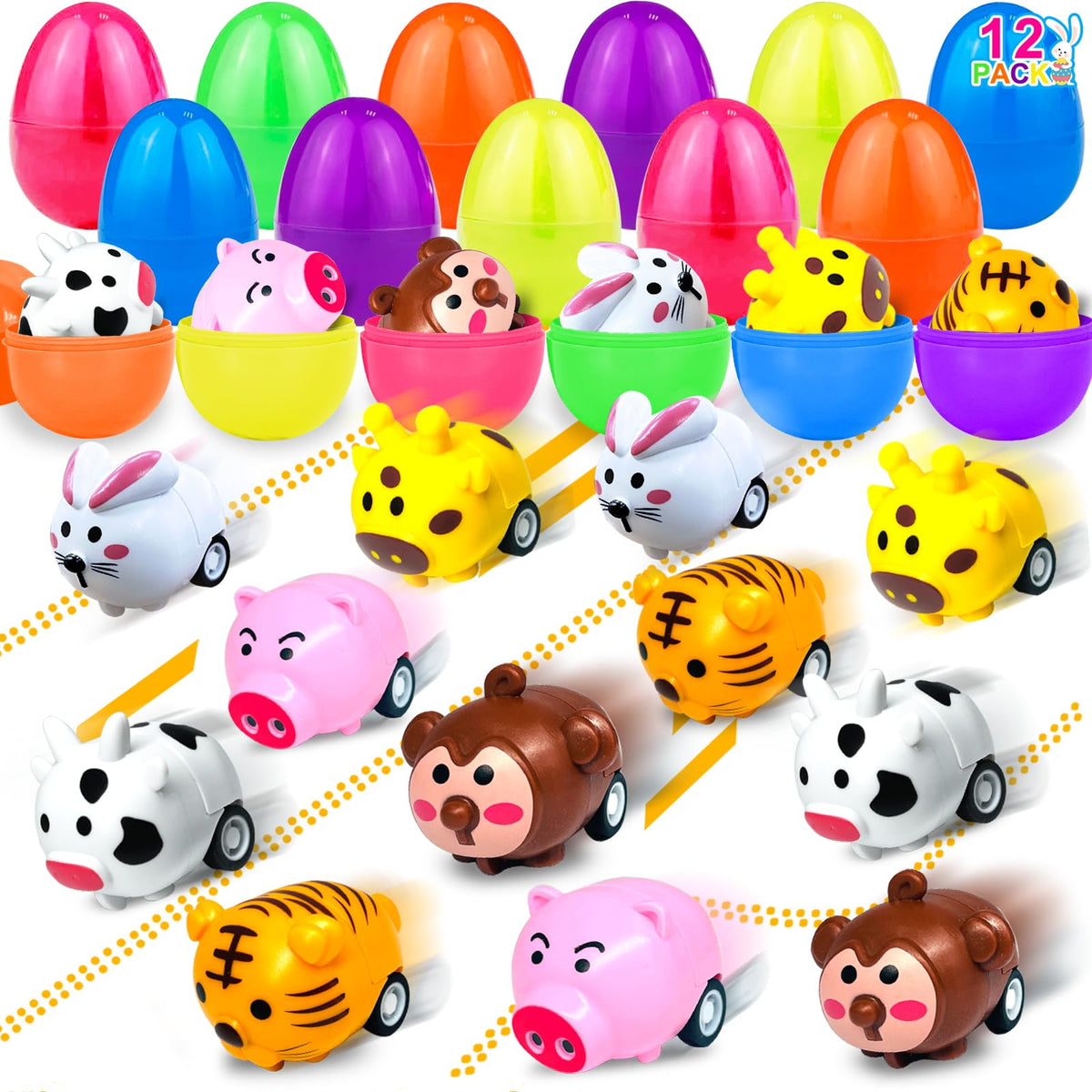 AMENON blue Easter egg with tiger pull-back car for egg hunts.