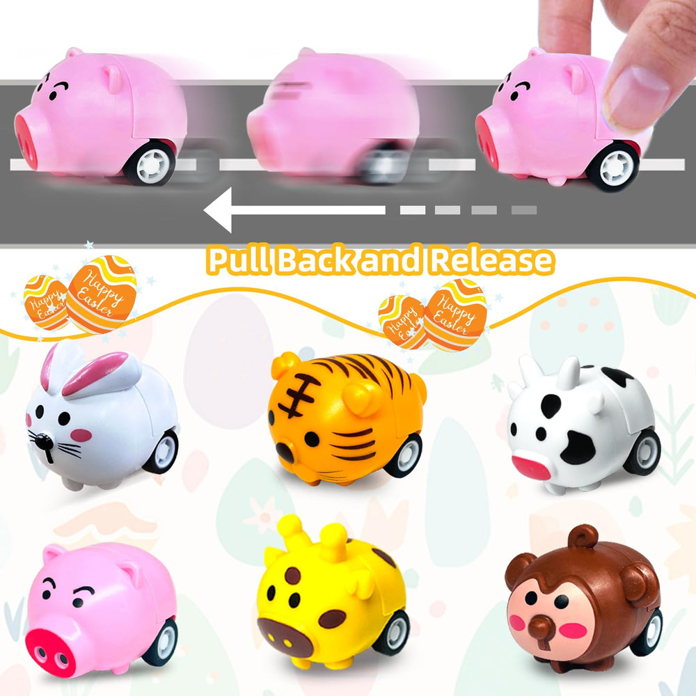 AMENON yellow Easter egg with bunny pull-back car for party favors.