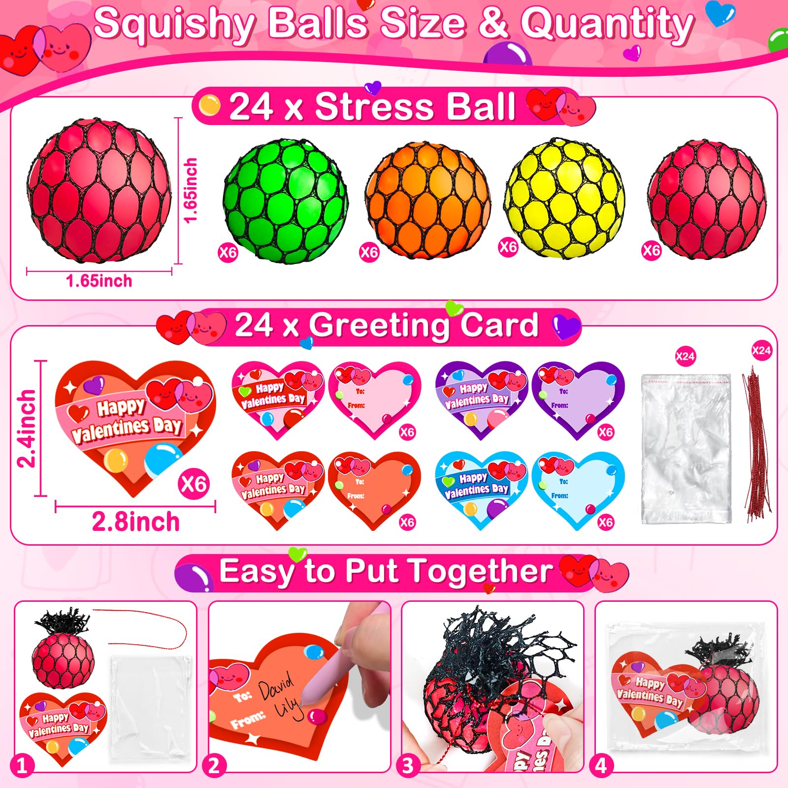 AMENON heart-design stress balls with cards for Valentine exchanges and party favors