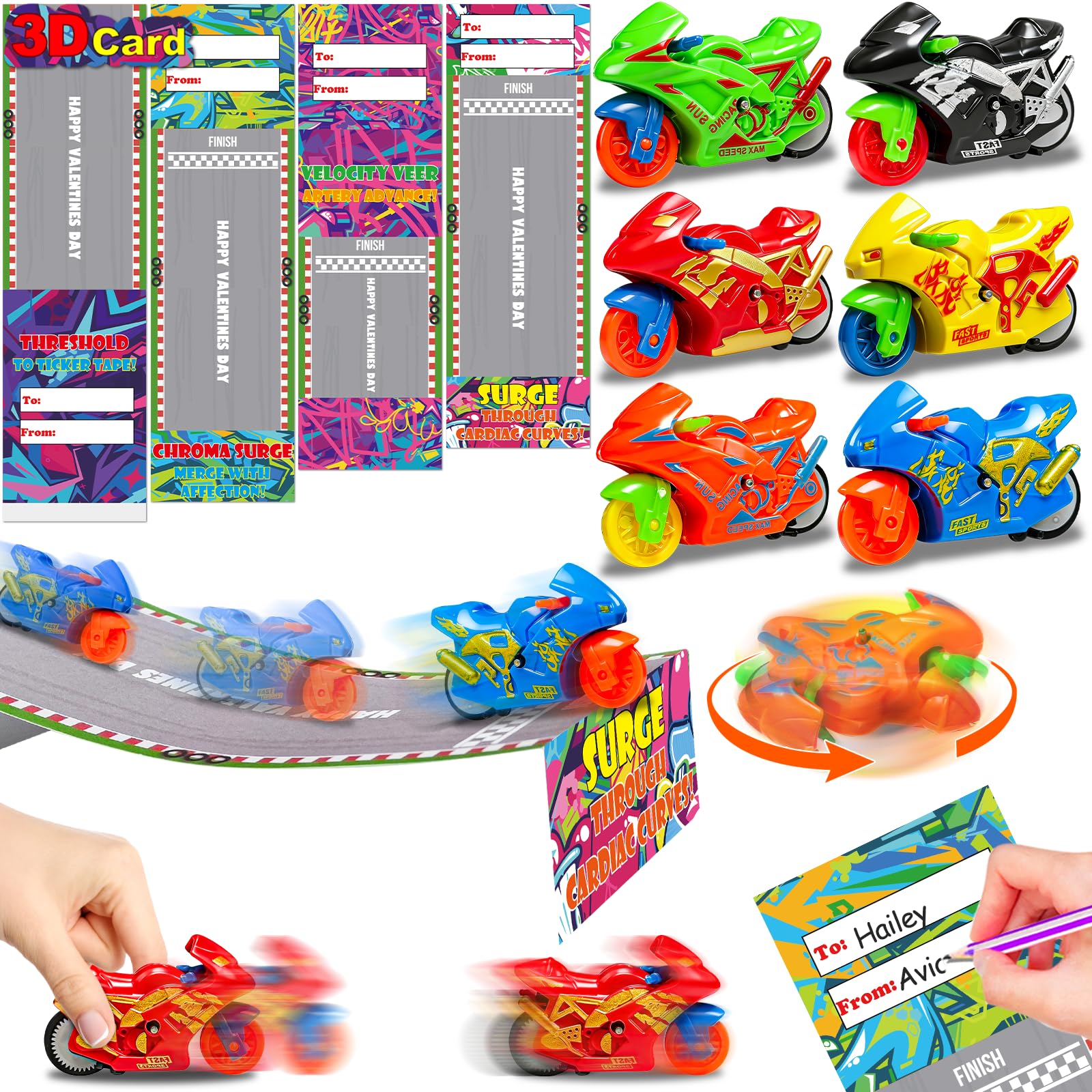 AMENON track-themed valentines cards for kids' party exchanges.