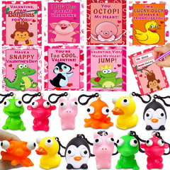 AMENON Valentines 24-pack cards paired with squeeze animals for classroom exchanges.