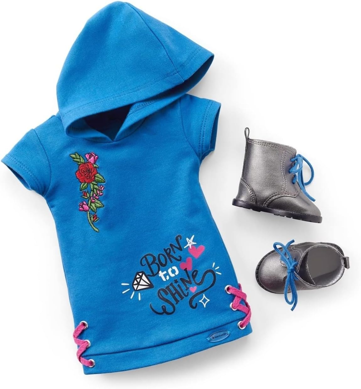 Doll boots with blue laces completing a coordinated look