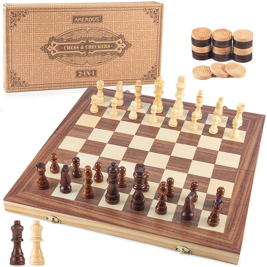 AMEROUS wooden chess board folded for easy portability and storage.